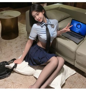 FEE ET MOI - Cropped Top Pleated Skirt Schoolgirl Outfit (Blue - Green)